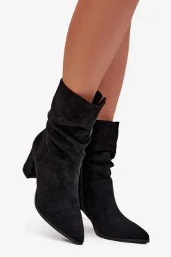 Botki Damskie Na Słupku Z Marszczeniem Ocieplane Czarne Amelise Damskie Botki Ocieplane|Botki Na Słupku