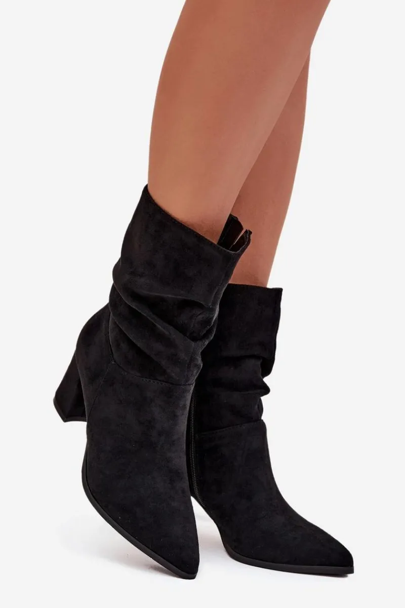 Botki Damskie Na Słupku Z Marszczeniem Ocieplane Czarne Amelise Damskie Botki Ocieplane|Botki Na Słupku