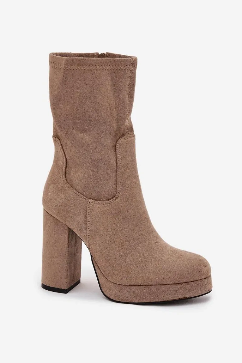 Botki Ocieplane|Botki Na Słupku>Boto Botki Damskie Na Słupku Z Eko Zamszu Beżowe Carolina Beżowy
