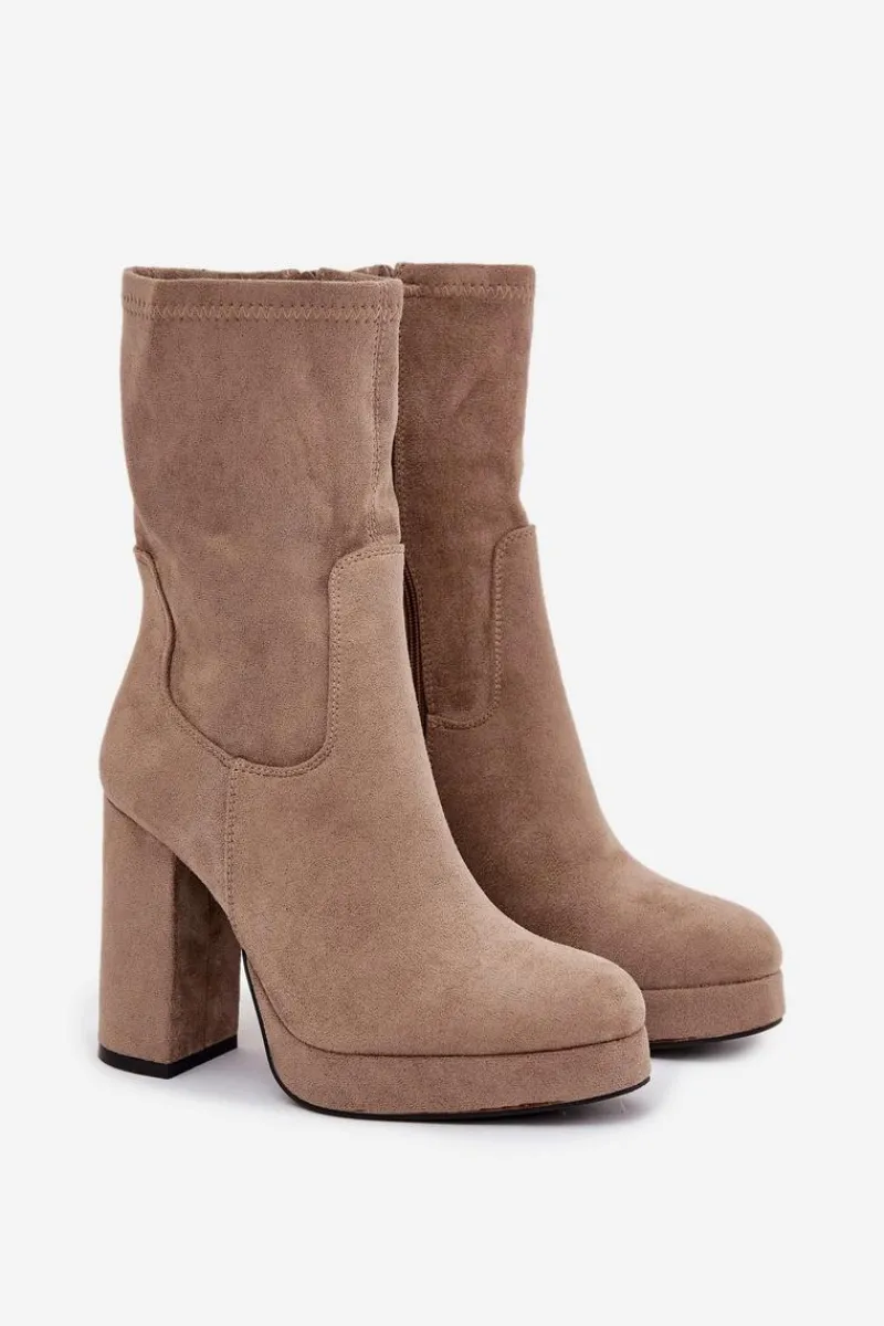 Botki Ocieplane|Botki Na Słupku>Boto Botki Damskie Na Słupku Z Eko Zamszu Beżowe Carolina Beżowy