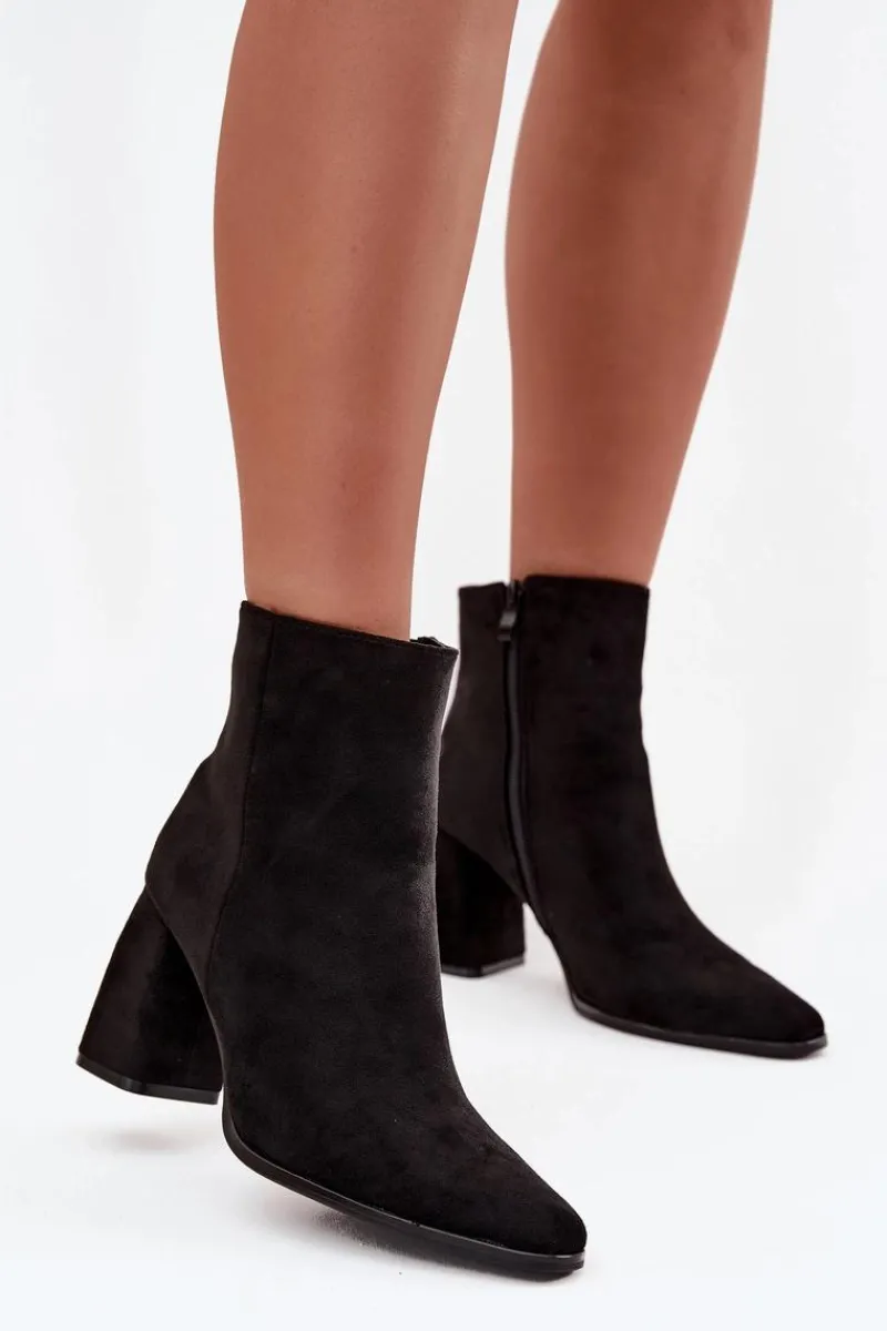 Outlet Botki Damskie Na Słupku Z Eko Zamszu Czarne Inessa Damskie Botki Na Słupku|Botki Na Obcasie