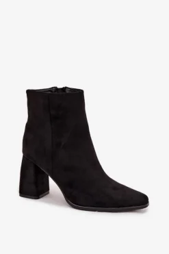 Outlet Botki Damskie Na Słupku Z Eko Zamszu Czarne Inessa Damskie Botki Na Słupku|Botki Na Obcasie