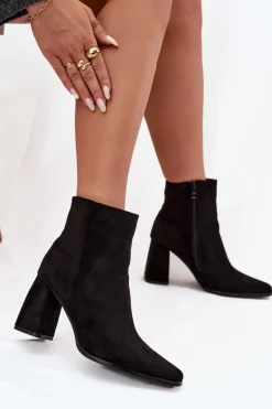 Outlet Botki Damskie Na Słupku Z Eko Zamszu Czarne Inessa Damskie Botki Na Słupku|Botki Na Obcasie