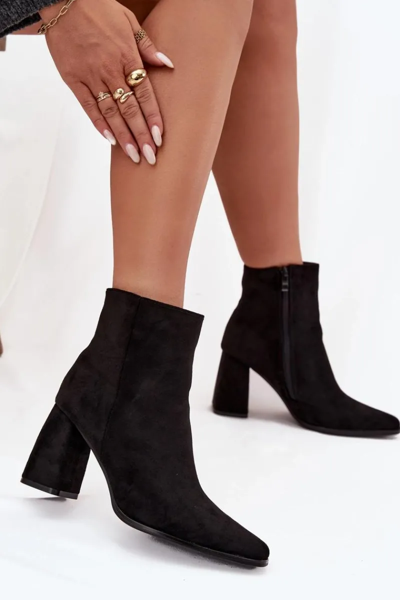 Outlet Botki Damskie Na Słupku Z Eko Zamszu Czarne Inessa Damskie Botki Na Słupku|Botki Na Obcasie