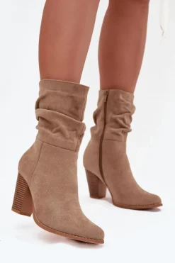 Botki Na Słupku|Botki Zimowe Damskie>Boto Botki Damskie Na Słupku Z Marszczeniem Beżowe Jovessa