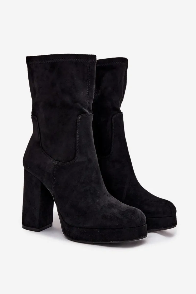 Botki Damskie Na Słupku Z Eko Zamszu Czarne Carolina Damskie Botki Ocieplane|Botki Na Słupku