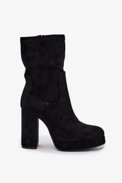 Botki Damskie Na Słupku Z Eko Zamszu Czarne Carolina Damskie Botki Ocieplane|Botki Na Słupku