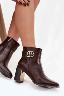 Online Botki Damskie Na Słupku Z Paskiem I Złotym Detalem Czekoladowe Galinne Damskie Botki Ocieplane|Botki Skórzane
