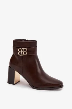 Online Botki Damskie Na Słupku Z Paskiem I Złotym Detalem Czekoladowe Galinne Damskie Botki Ocieplane|Botki Skórzane