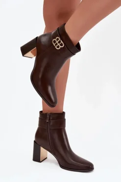 Online Botki Damskie Na Słupku Z Paskiem I Złotym Detalem Czekoladowe Galinne Damskie Botki Ocieplane|Botki Skórzane