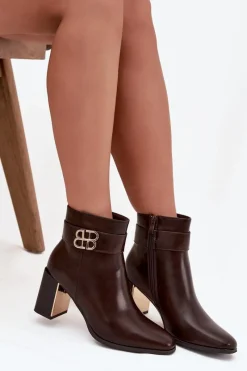 Online Botki Damskie Na Słupku Z Paskiem I Złotym Detalem Czekoladowe Galinne Damskie Botki Ocieplane|Botki Skórzane