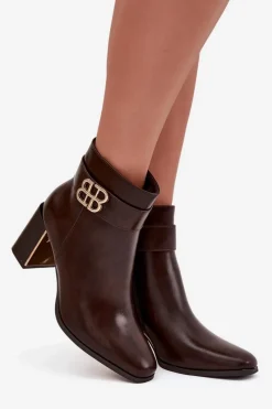 Online Botki Damskie Na Słupku Z Paskiem I Złotym Detalem Czekoladowe Galinne Damskie Botki Ocieplane|Botki Skórzane