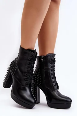 Discount Botki Damskie Na Słupku Z Ćwiekami Czarne Alemilla Damskie Czarne Botki|Botki Na Obcasie