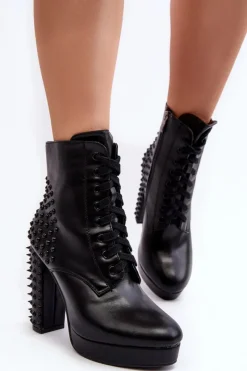 Discount Botki Damskie Na Słupku Z Ćwiekami Czarne Alemilla Damskie Czarne Botki|Botki Na Obcasie