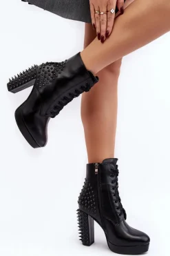 Discount Botki Damskie Na Słupku Z Ćwiekami Czarne Alemilla Damskie Czarne Botki|Botki Na Obcasie