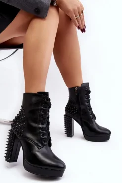 Discount Botki Damskie Na Słupku Z Ćwiekami Czarne Alemilla Damskie Czarne Botki|Botki Na Obcasie