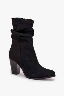 Online Botki Damskie Na Słupku Z Marszczeniem Czarne Jovessa Damskie Botki Na Słupku|Botki Zimowe Damskie