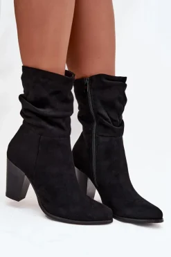 Online Botki Damskie Na Słupku Z Marszczeniem Czarne Jovessa Damskie Botki Na Słupku|Botki Zimowe Damskie