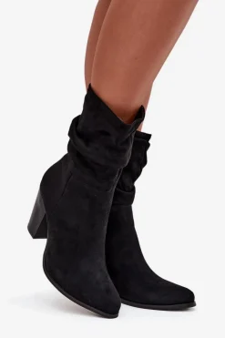 Online Botki Damskie Na Słupku Z Marszczeniem Czarne Jovessa Damskie Botki Na Słupku|Botki Zimowe Damskie