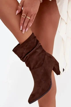 Botki Ocieplane|Botki Na Słupku>Boto Botki Damskie Na Słupku Z Marszczeniem Ocieplane Brązowe Amelise