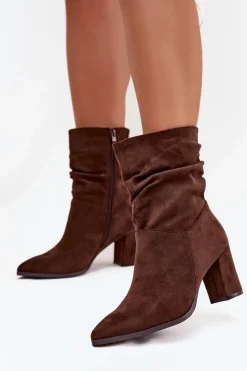 Botki Ocieplane|Botki Na Słupku>Boto Botki Damskie Na Słupku Z Marszczeniem Ocieplane Brązowe Amelise