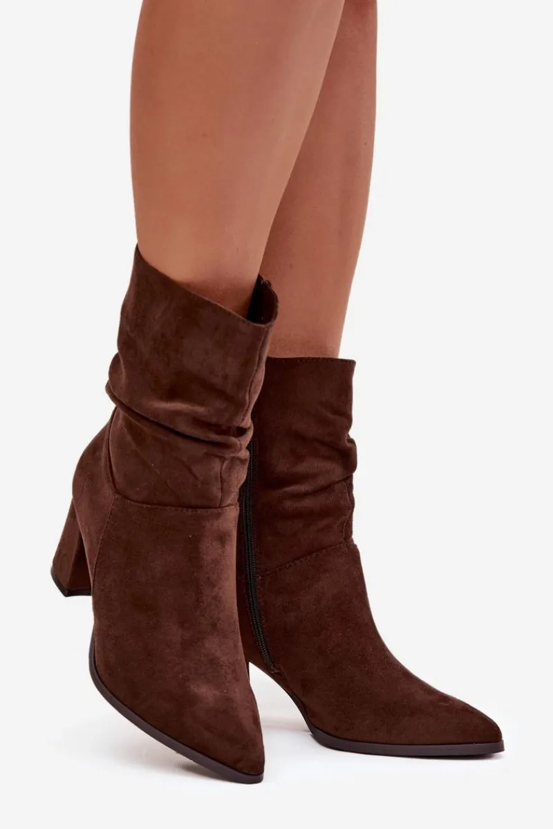 Botki Ocieplane|Botki Na Słupku>Boto Botki Damskie Na Słupku Z Marszczeniem Ocieplane Brązowe Amelise