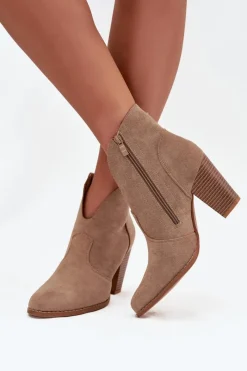 Boto Botki Damskie Na Słupku Z Eko Zamszu Beżowe Elvirae Beżowy