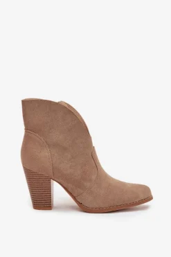 Boto Botki Damskie Na Słupku Z Eko Zamszu Beżowe Elvirae Beżowy