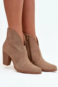 Boto Botki Damskie Na Słupku Z Eko Zamszu Beżowe Elvirae Beżowy