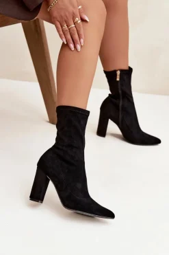 Boto Botki Damskie Na Słupku Z Przeszyciami Czarne Rosivelle Czarny