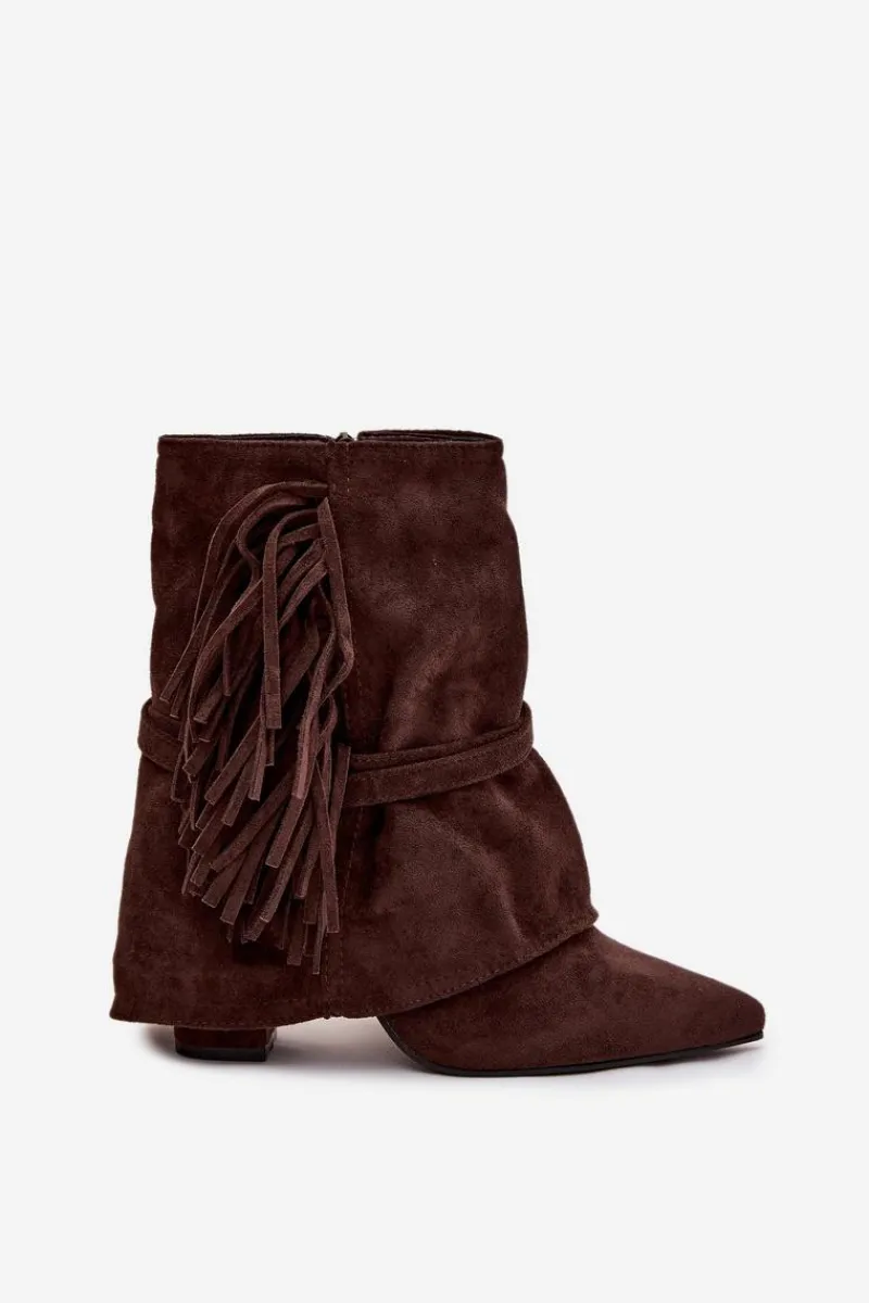 Botki Na Słupku|Czarne Botki>Boto Botki Damskie Na Słupku Z Frędzlami I Złotymi Klamrami Czekoladowe Evelisse Brązowy