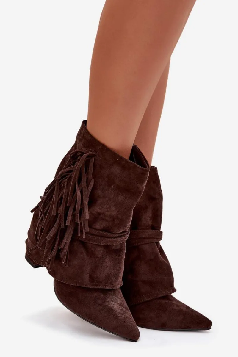 Botki Na Słupku|Czarne Botki>Boto Botki Damskie Na Słupku Z Frędzlami I Złotymi Klamrami Czekoladowe Evelisse Brązowy