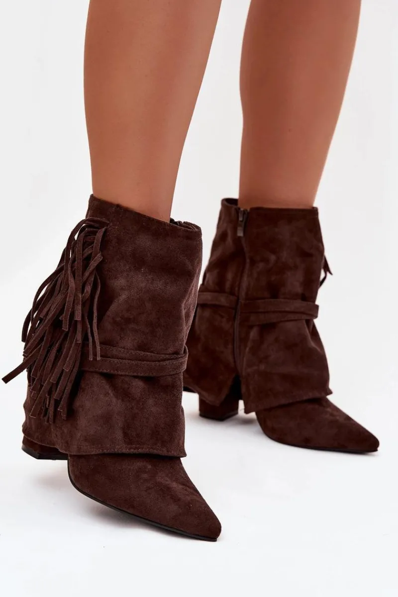 Botki Na Słupku|Czarne Botki>Boto Botki Damskie Na Słupku Z Frędzlami I Złotymi Klamrami Czekoladowe Evelisse Brązowy