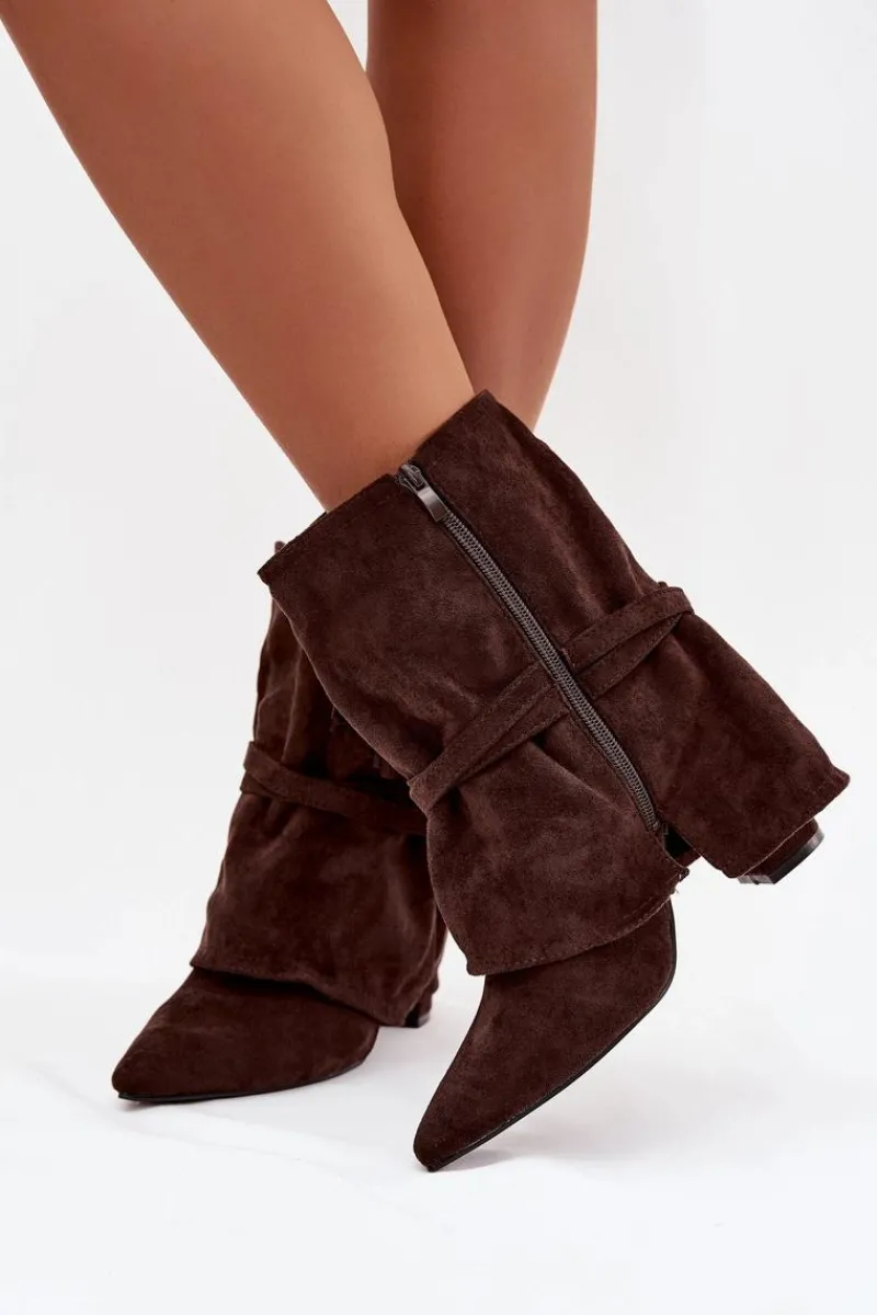 Botki Na Słupku|Czarne Botki>Boto Botki Damskie Na Słupku Z Frędzlami I Złotymi Klamrami Czekoladowe Evelisse Brązowy