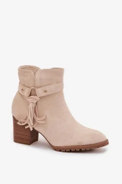 Sale Botki Damskie Na Słupku Z Frędzlami Jasnobeżowe Rosabella Damskie Botki Na Słupku|Botki Na Obcasie
