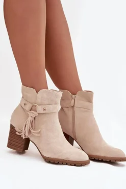 Sale Botki Damskie Na Słupku Z Frędzlami Jasnobeżowe Rosabella Damskie Botki Na Słupku|Botki Na Obcasie