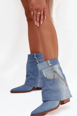 Botki Damskie Na Słupku Z Łańcuszkiem Jeansowe Ilyana Damskie Botki Na Słupku|Botki Na Obcasie