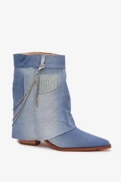 Botki Damskie Na Słupku Z Łańcuszkiem Jeansowe Ilyana Damskie Botki Na Słupku|Botki Na Obcasie