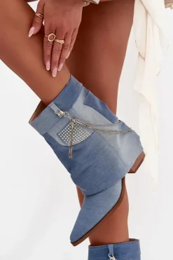 Botki Damskie Na Słupku Z Łańcuszkiem Jeansowe Ilyana Damskie Botki Na Słupku|Botki Na Obcasie