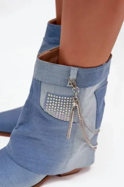 Botki Damskie Na Słupku Z Łańcuszkiem Jeansowe Ilyana Damskie Botki Na Słupku|Botki Na Obcasie