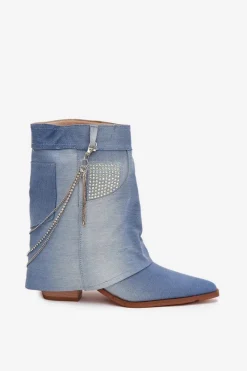 Botki Damskie Na Słupku Z Łańcuszkiem Jeansowe Ilyana Damskie Botki Na Słupku|Botki Na Obcasie