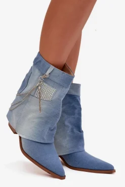 Botki Damskie Na Słupku Z Łańcuszkiem Jeansowe Ilyana Damskie Botki Na Słupku|Botki Na Obcasie