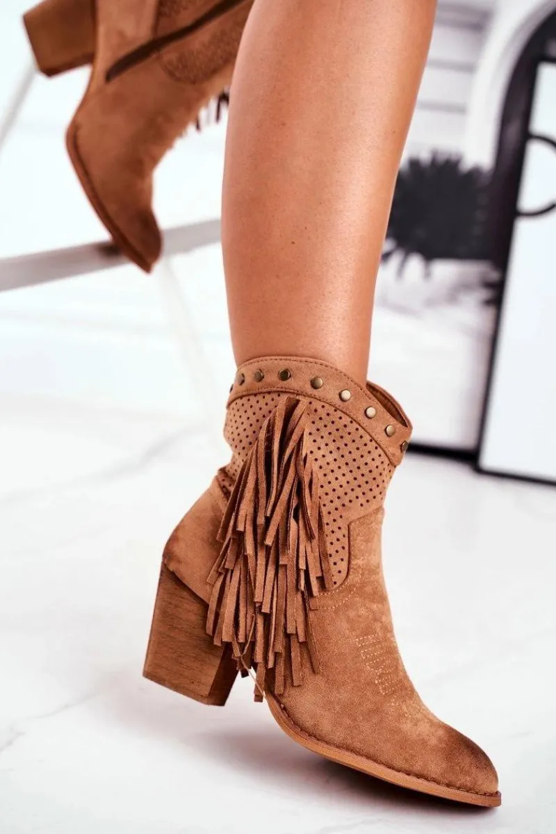 Botki Na Słupku|Brązowe I Beżowe Botki>Boto Botki Damskie Na Słupku Z Frędzlami Kowbojki Khaki Michelle