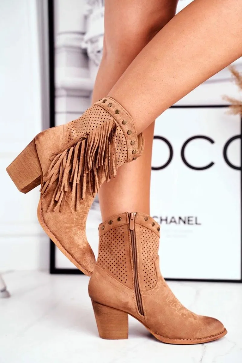 Botki Na Słupku|Brązowe I Beżowe Botki>Boto Botki Damskie Na Słupku Z Frędzlami Kowbojki Khaki Michelle