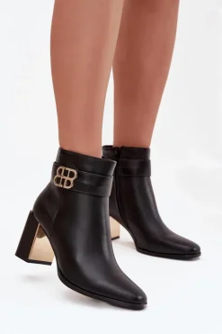 Boto Botki Damskie Na Słupku Z Paskiem I Złotym Detalem Czarne Galinne Czarny