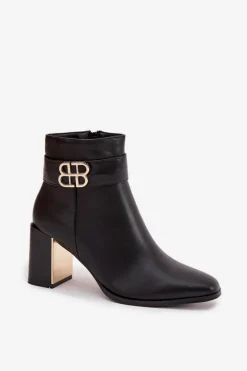 Boto Botki Damskie Na Słupku Z Paskiem I Złotym Detalem Czarne Galinne Czarny