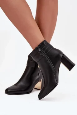 Boto Botki Damskie Na Słupku Z Paskiem I Złotym Detalem Czarne Galinne Czarny