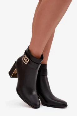 Boto Botki Damskie Na Słupku Z Paskiem I Złotym Detalem Czarne Galinne Czarny