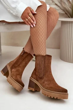 Hot Boto Botki Damskie Na Słupku Z Eko Zamszu Ocieplane Brązowe Nevitas Brązowy