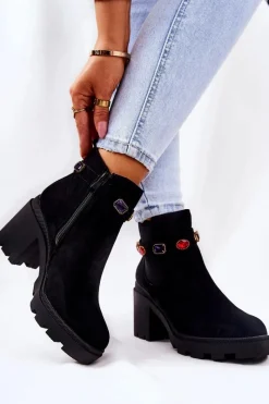 Botki Na Słupku|Botki Zimowe Damskie>Boto Botki Damskie Na Słupku z Kryształami Czarne Makbet